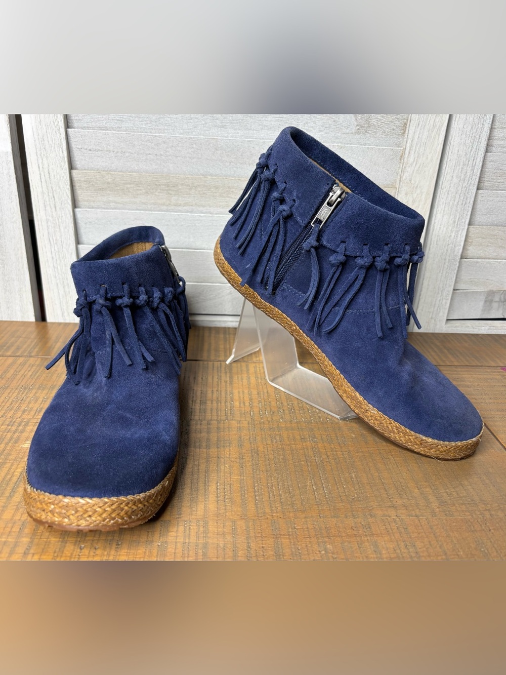 UGG Australia Shenendoah Blue Suede Fringe Ankle Boots Womens 8 Side Zip VGUC